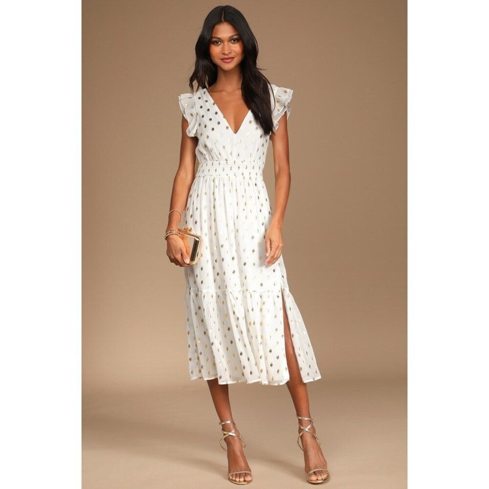 Lulus Cause To Celebrate White And Gold Dot Ruffled Tiered Midi Dress - Size S